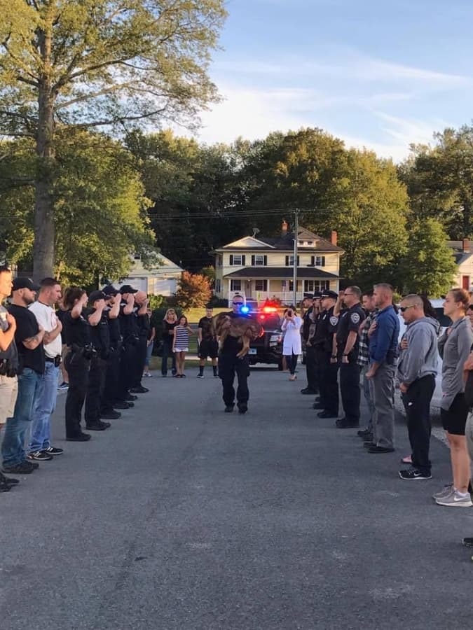 A group of people standing in front of a group of police officers.