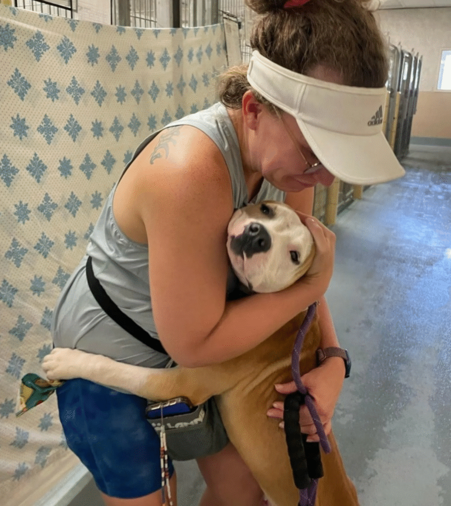 A woman in a visor hugs a brown and white dog in an indoor kennel area. The dog has its front legs around her and looks at the camera.