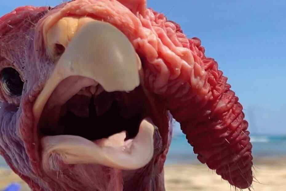Close-up of a turkey's head and beak with its mouth open, showing detailed textures of its wattle and skin, with a beach and blue sky in the background.