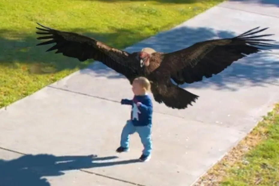 A large bird with outstretched wings appears to be flying close to a small child walking on a sidewalk in a grassy park.