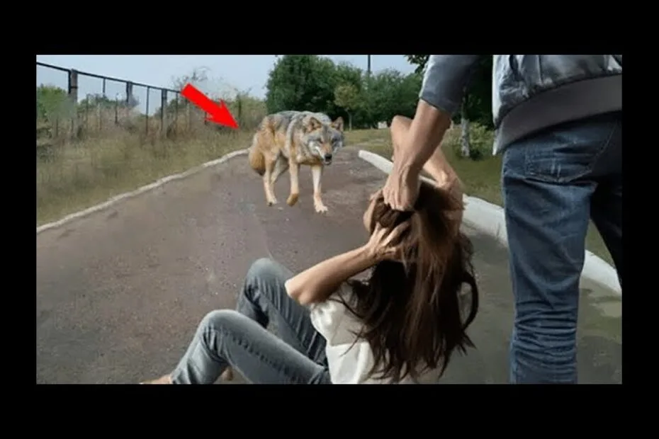 A wolf stands on a road in the distance while a person grabs a woman’s hair as she sits on the ground, looking distressed.