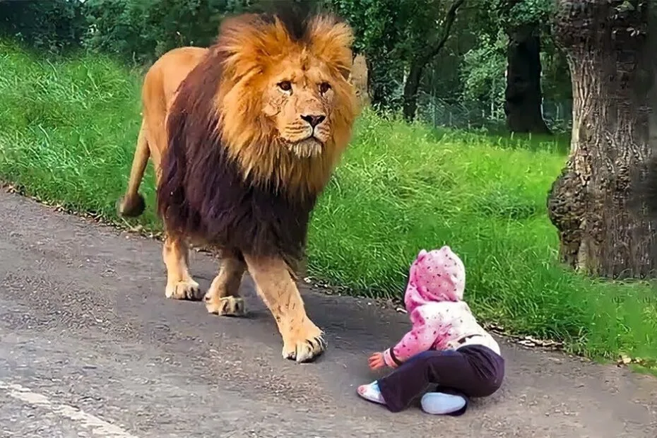 A lion walks toward a baby crawling on a paved path in a grassy, wooded area.