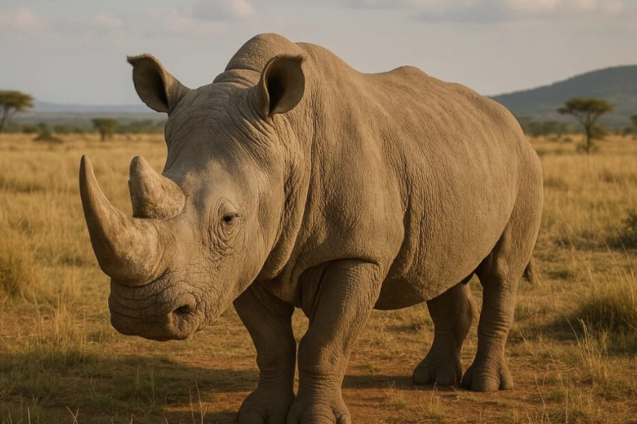 A rhinoceros stands on a grassy plain with distant trees and hills under a partly cloudy sky.