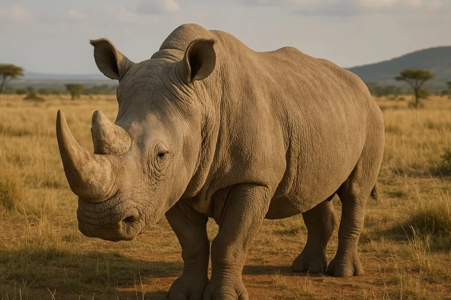 A rhinoceros stands on a grassy plain with distant trees and hills under a partly cloudy sky.
