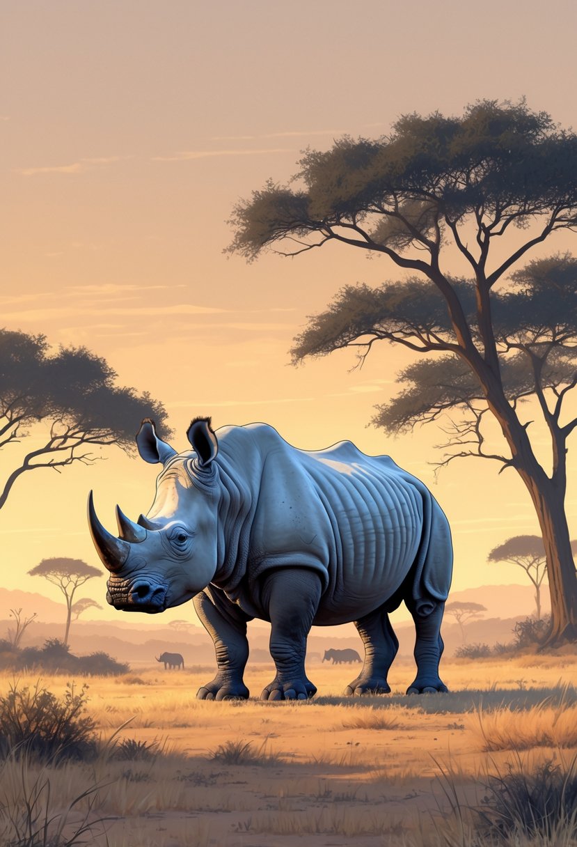 A lone white rhinoceros standing in a savannah landscape at sunset, surrounded by dry grass and acacia trees.