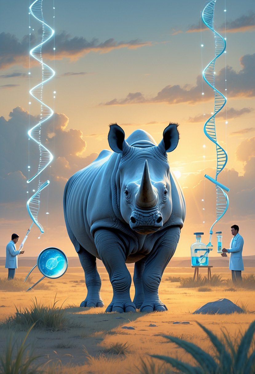 A lone northern male white rhino stands in a peaceful savannah at sunset, surrounded by subtle scientific elements symbolizing efforts to revive the species.