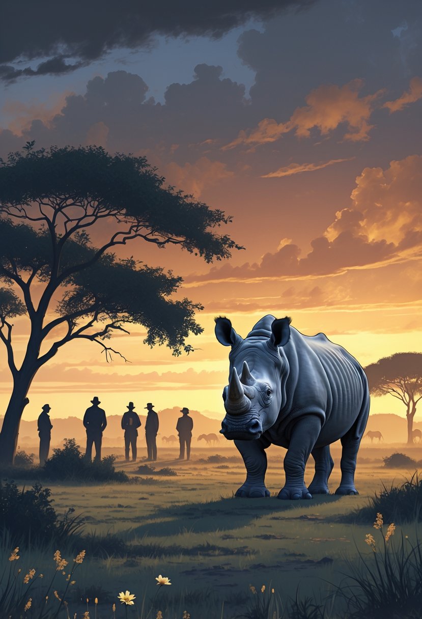 A lone northern white rhino standing in a grassy savannah at dusk with distant figures of people watching, symbolizing conservation efforts and loss.