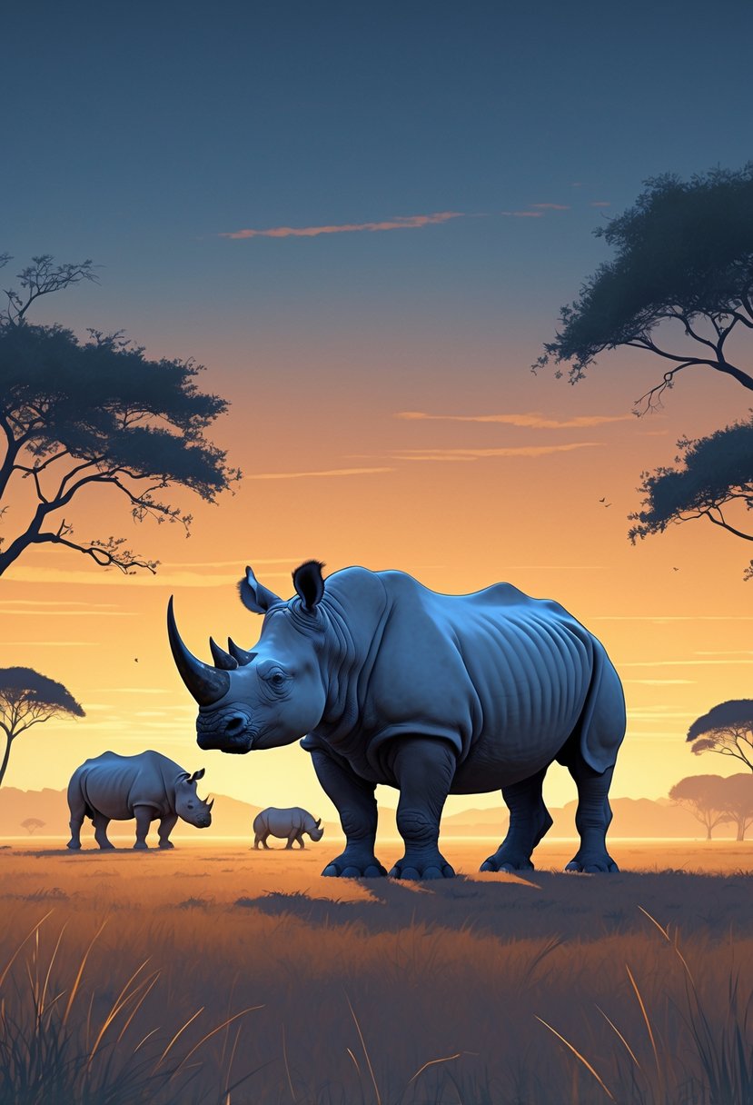 A lone white rhino stands in an open savannah at sunset with distant rhinos in the background under a colorful sky.