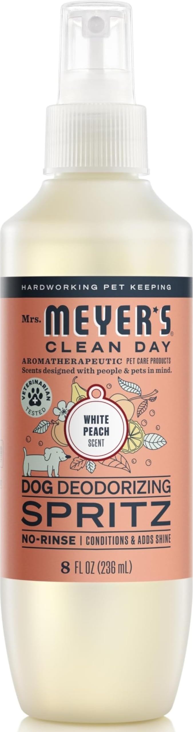 Mrs. Meyer’s Clean Day Dog Deodorizing Spritz, White Peach scent, 8 fl oz spray bottle, labeled as no-rinse, conditions and adds shine, with orange and peach design.