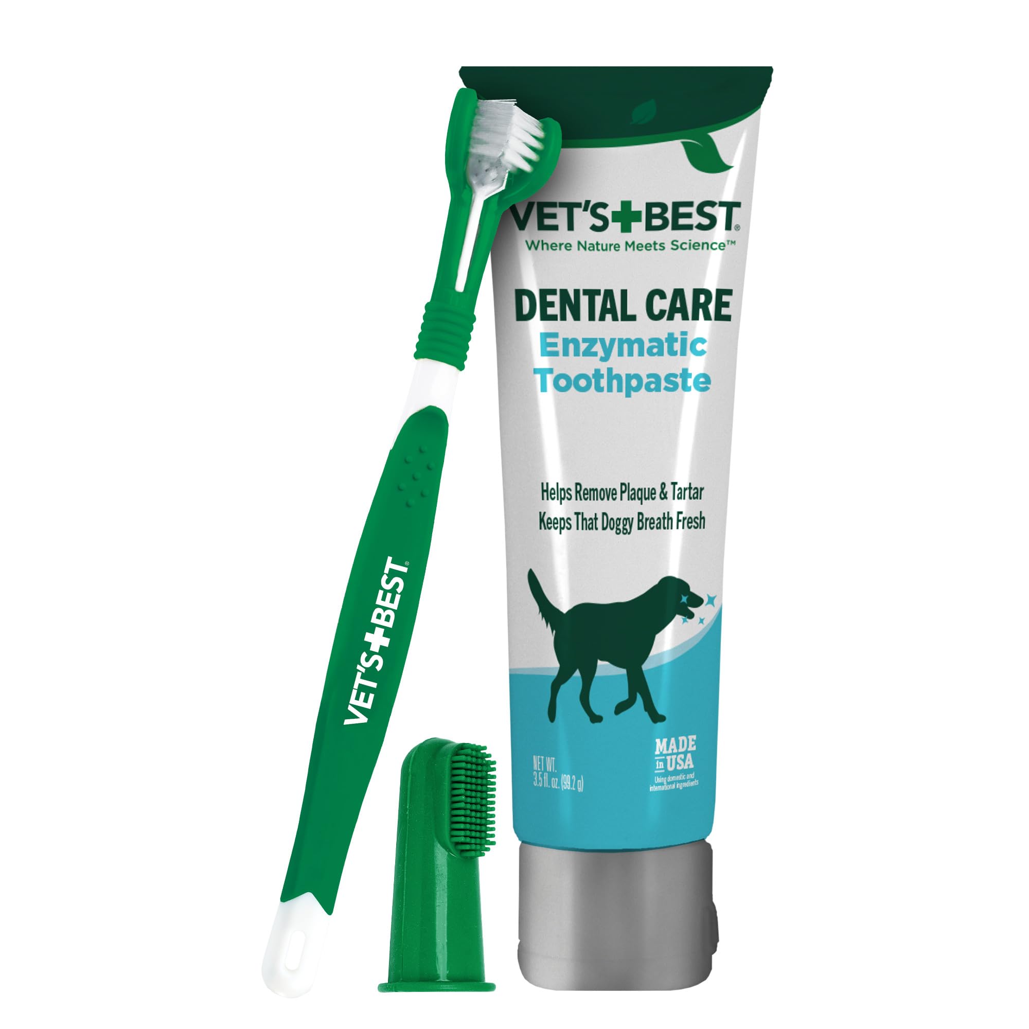 A tube of Vet’s Best enzymatic dog toothpaste with a green toothbrush and a green finger brush beside it.