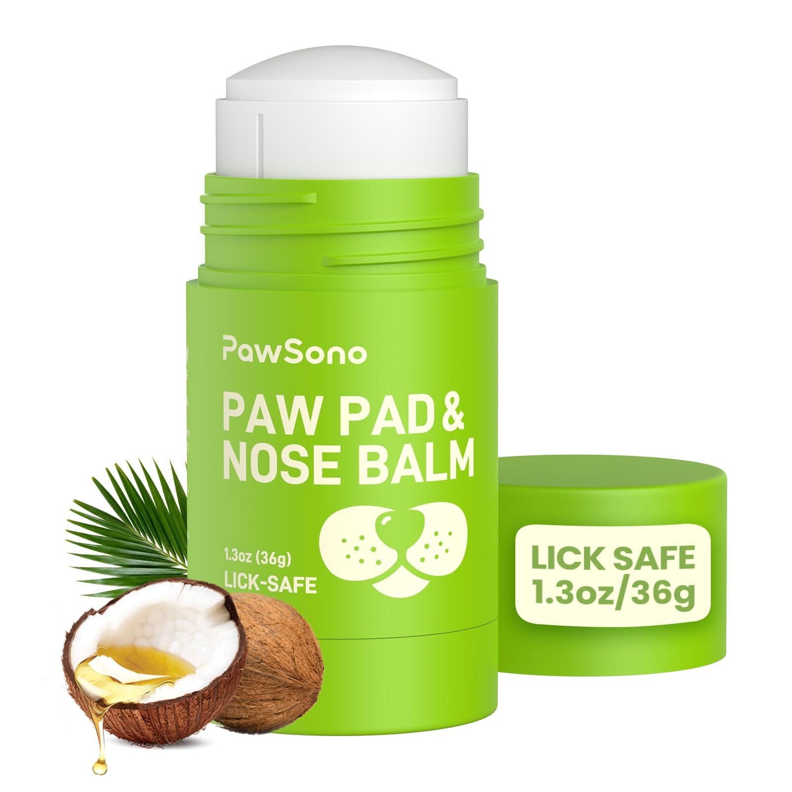 A green stick container labeled “PawSono Paw Pad & Nose Balm” with open cap, coconut, and palm elements; text states “LICK SAFE 1.3oz/36g.”.