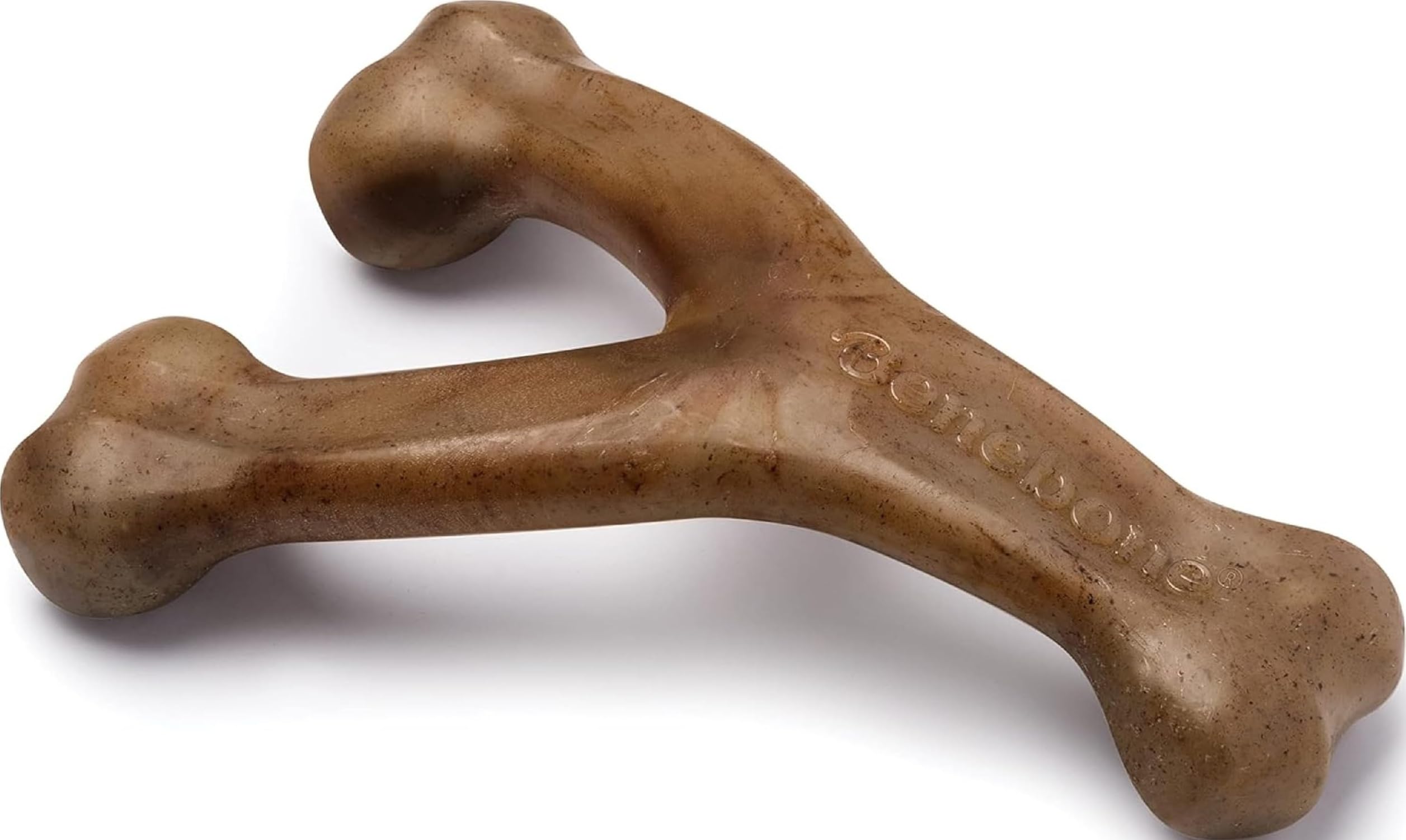 A brown, Y-shaped dog chew toy with “Benebone” engraved on one side, shown on a white background.