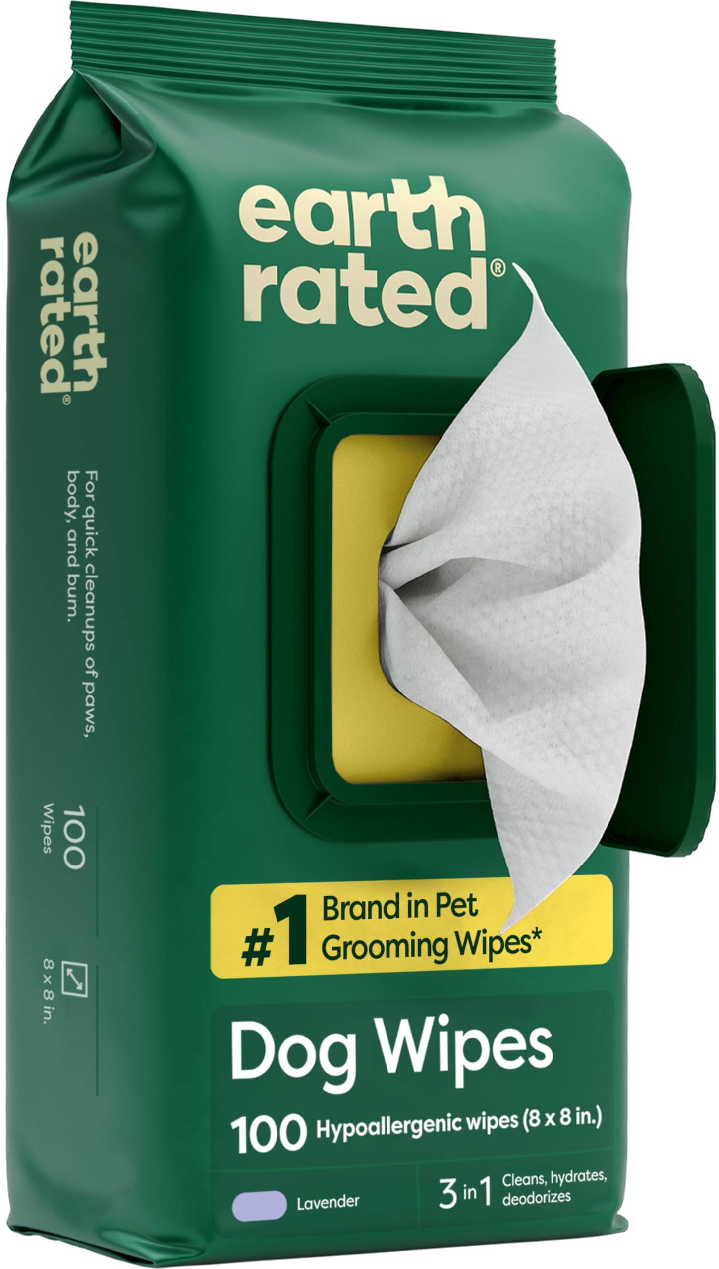A package of Earth Rated Dog Wipes with 100 lavender-scented hypoallergenic wipes, featuring an open lid and one wipe being pulled out.