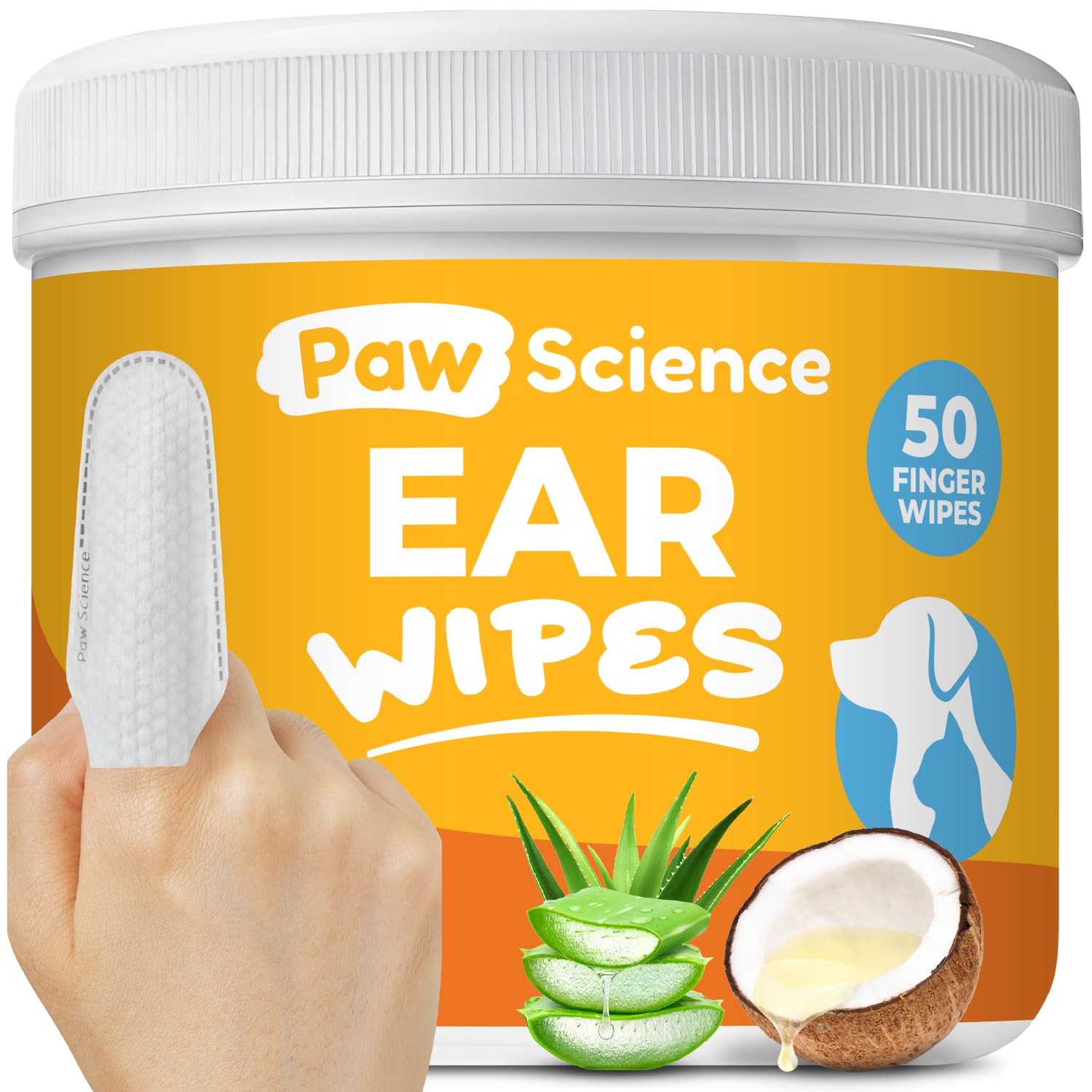 A container of Paw Science Ear Wipes for pets, featuring 50 finger wipes, aloe vera, and coconut illustrations, with a hand demonstrating a wipe on a finger.