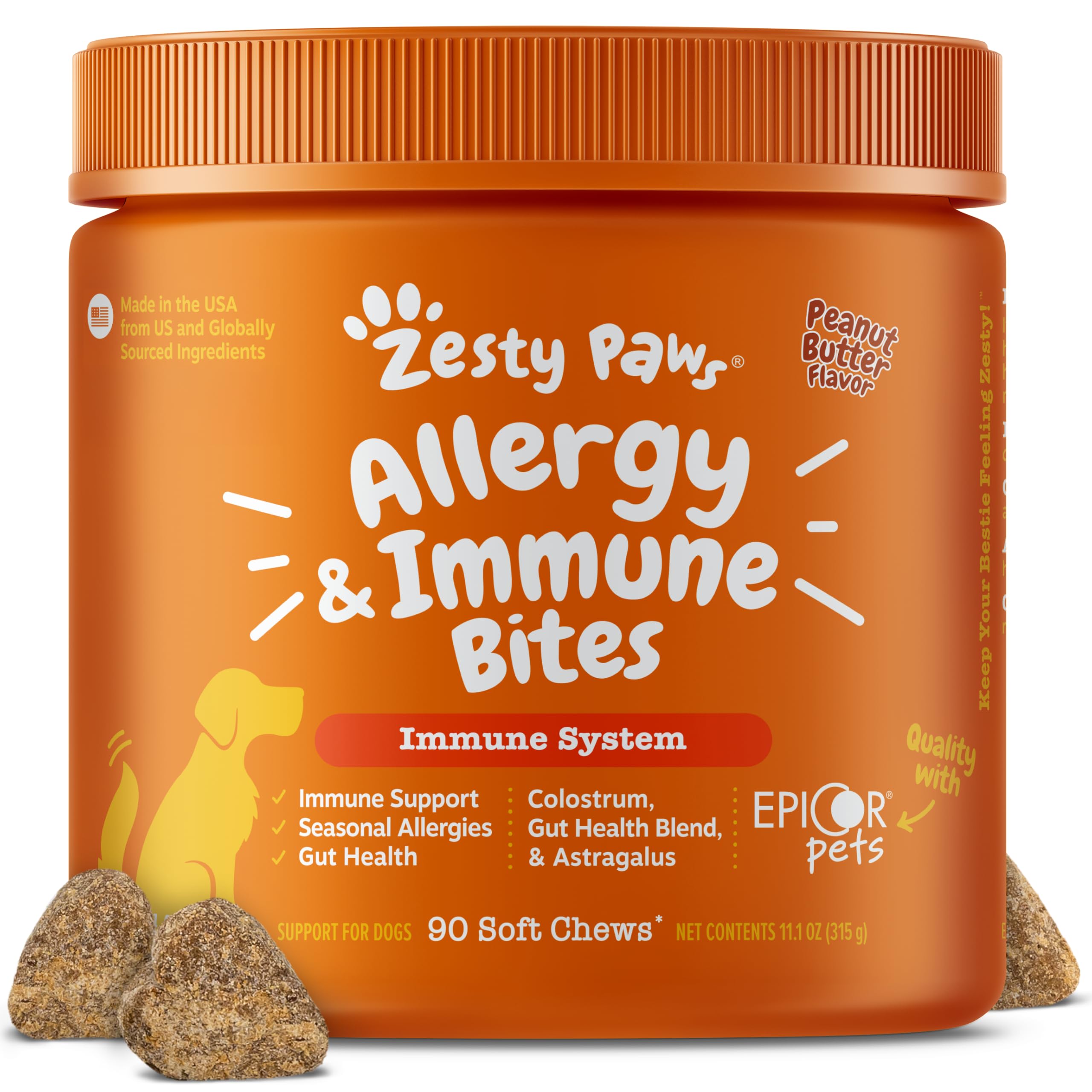 Orange container labeled “Zesty Paws Allergy & Immune Bites” with peanut butter flavor, for immune support in pets. Three soft chews are placed in front of the container.