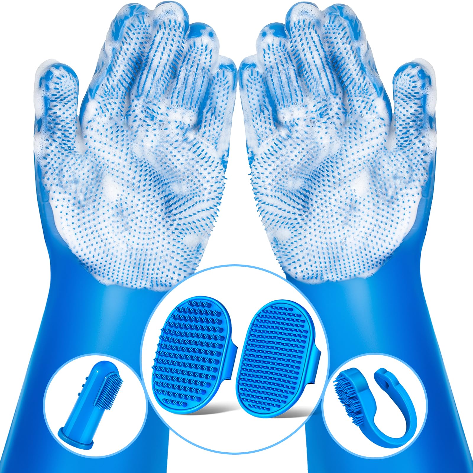 Blue silicone cleaning gloves with textured bristles on the palms and fingers, shown with three small close-ups of various bristle brush patterns and tools.