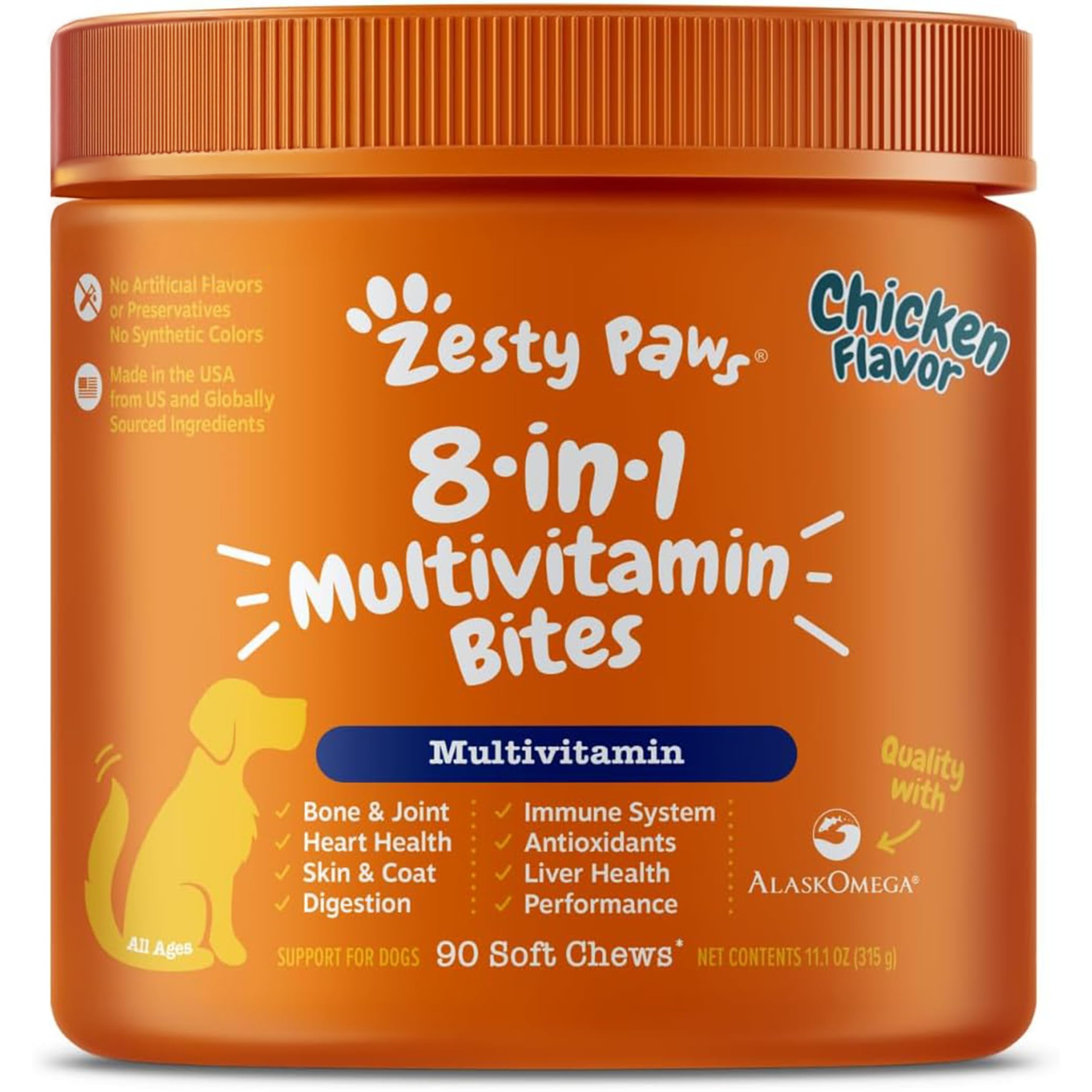 Orange container of Zesty Paws 8-in-1 Multivitamin Bites for dogs, chicken flavor, 90 soft chews, showing benefits like bone, joint, heart, skin, coat, immunity, and antioxidants.