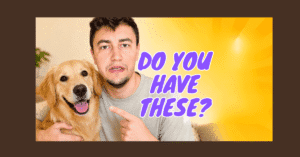 A man points at a golden retriever while sitting indoors. Text beside them reads, “DO YOU HAVE THESE?” on a bright yellow background.